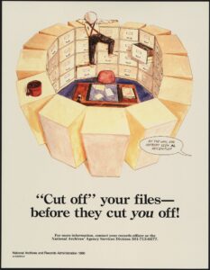 Illustration of a man trapped by filing cabinets, fearing data breaches while seeking a missing file.